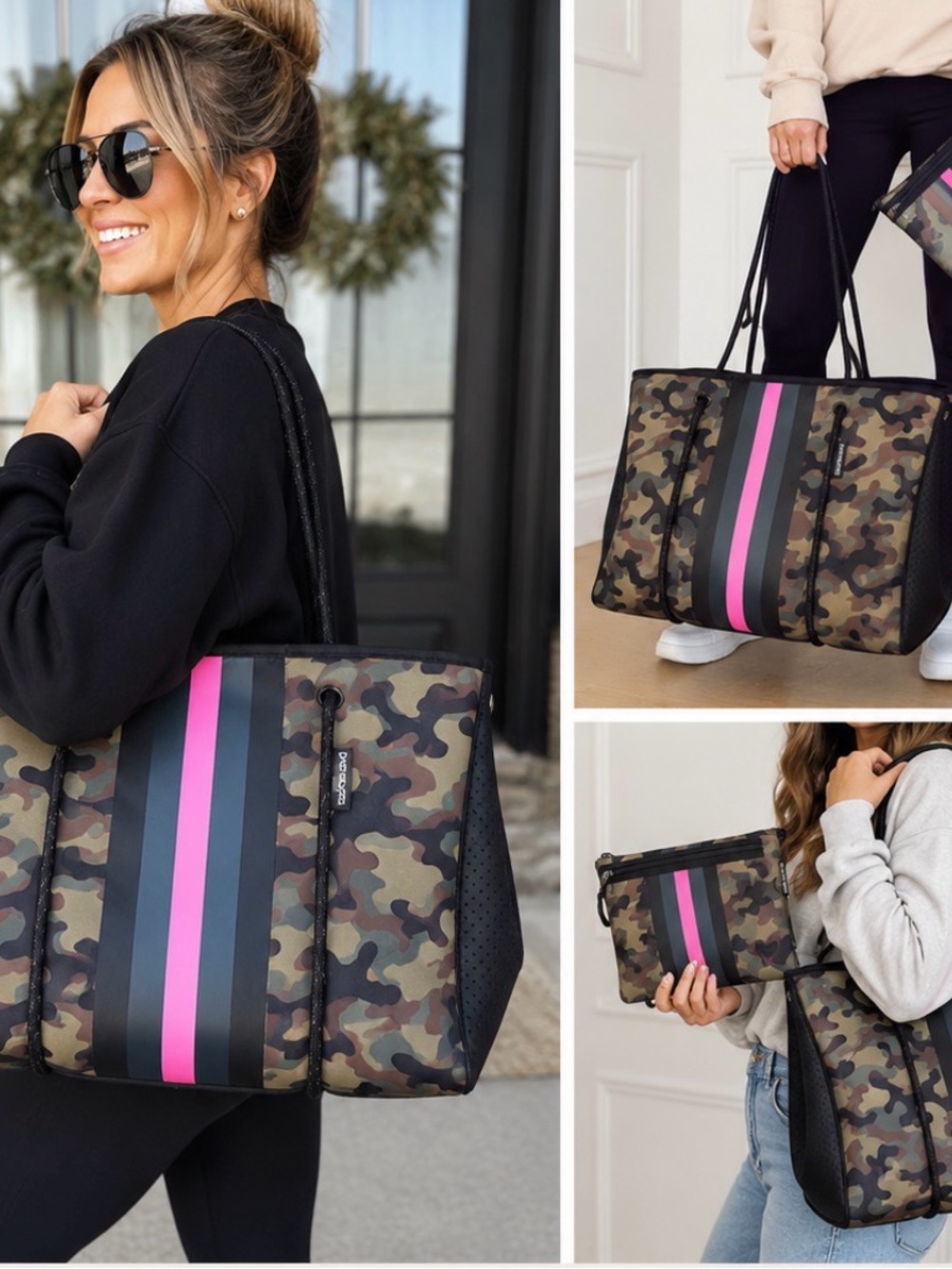 Prenelove Camo Neoprene Tote Bag + Matching Zip Pouch | Large Carryall